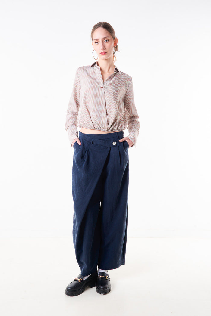 Pleated wide leg trouser with side button waistband detail wholesale