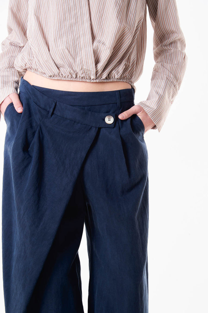 Pleated wide leg trouser with side button waistband detail wholesale