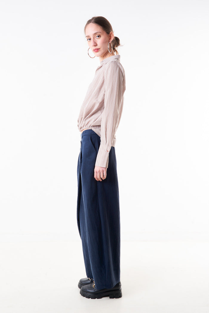 Pleated wide leg trouser with side button waistband detail wholesale