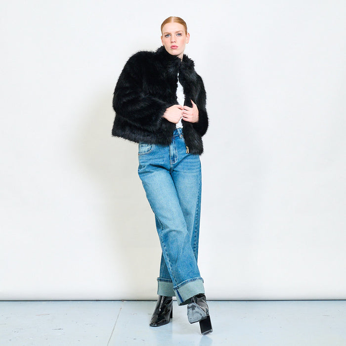 Plush faux fur cropped jacket with pocket flaps wholesale