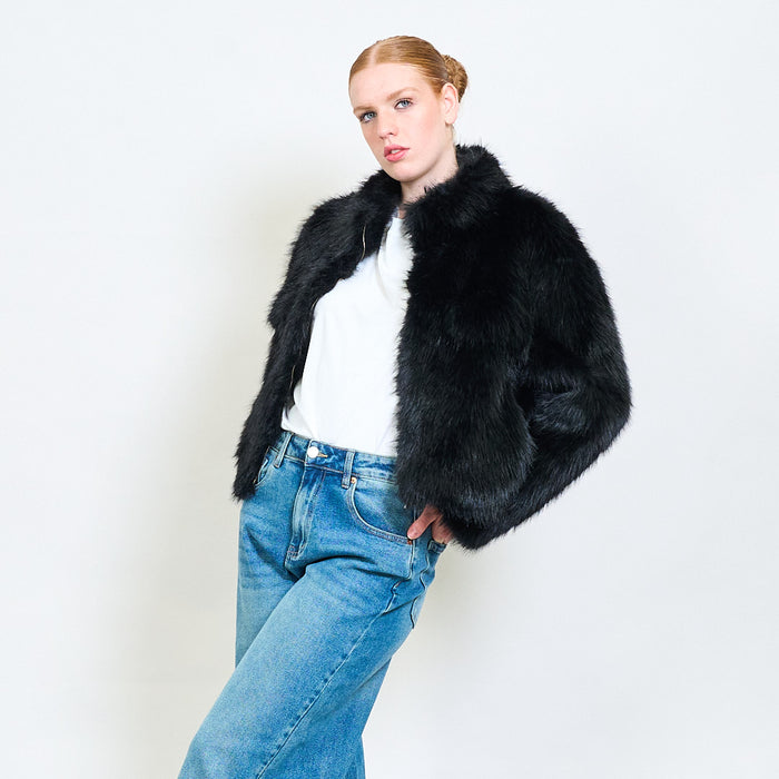Plush faux fur cropped jacket with pocket flaps wholesale