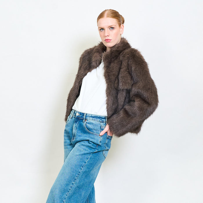 Plush faux fur cropped jacket with pocket flaps wholesale