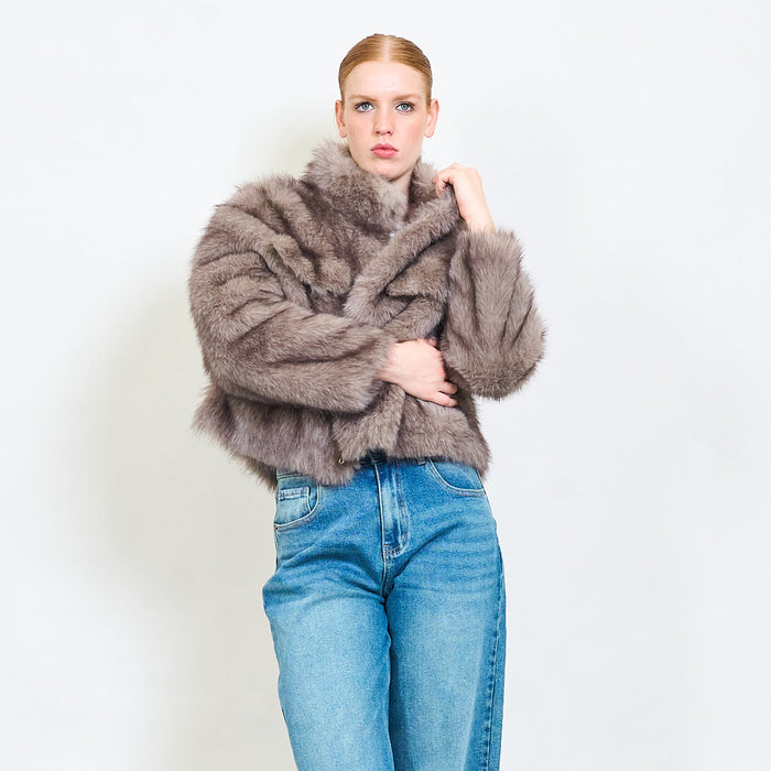 Plush faux fur cropped jacket with pocket flaps wholesale