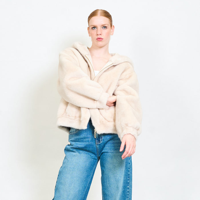 Plush hooded faux fur zip-up bomber jacket wholesale