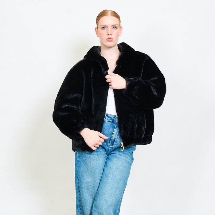 Plush hooded faux fur zip-up bomber jacket wholesale