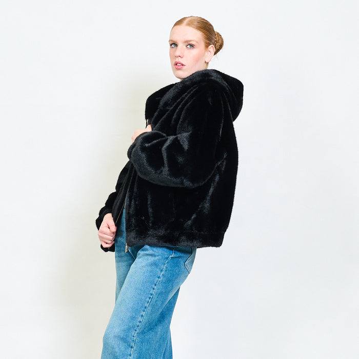 Plush hooded faux fur zip-up bomber jacket wholesale