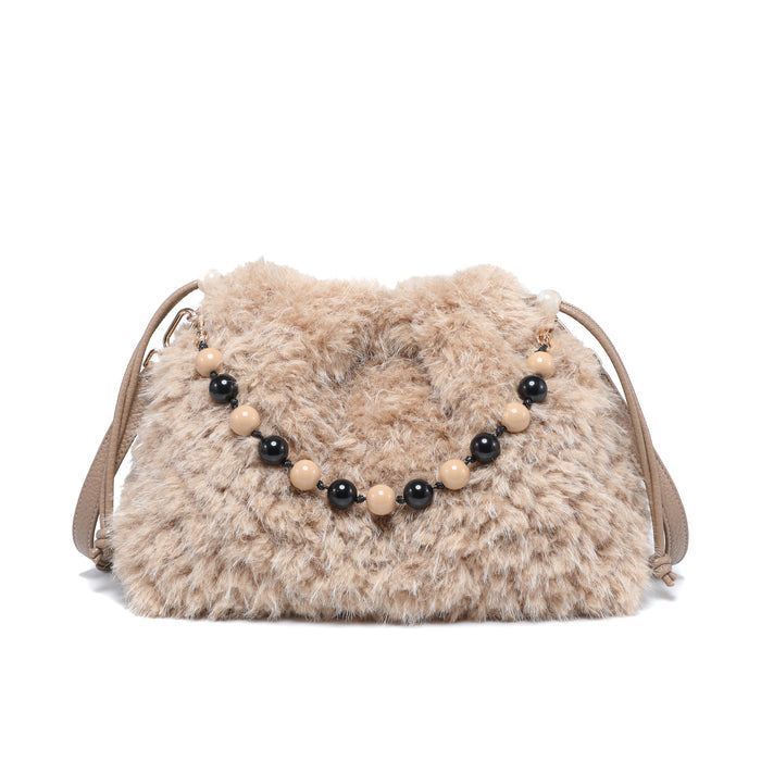 Plush textured shoulder bag with beaded chain accent wholesale