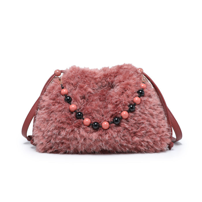 Plush textured shoulder bag with beaded chain accent wholesale