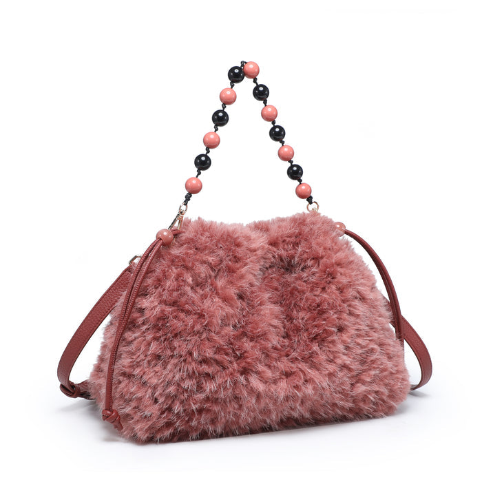 Plush textured shoulder bag with beaded chain accent wholesale