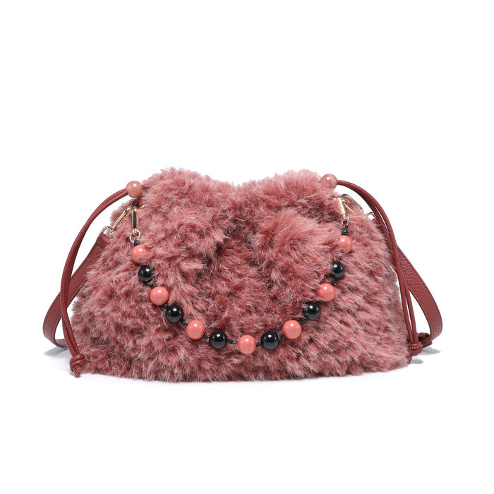 Plush textured shoulder bag with beaded chain accent wholesale