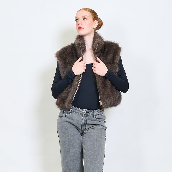 Plush zip-up faux fur vest with high collar wholesale