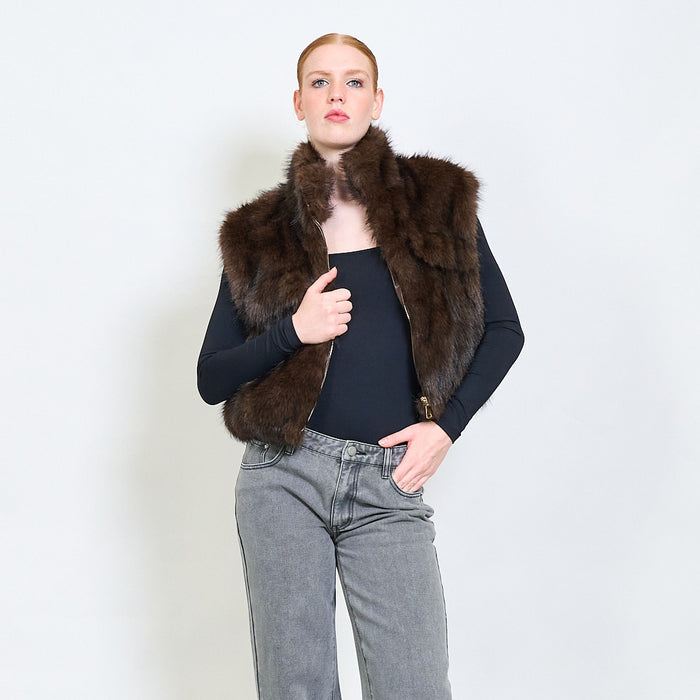 Plush zip-up faux fur vest with high collar wholesale
