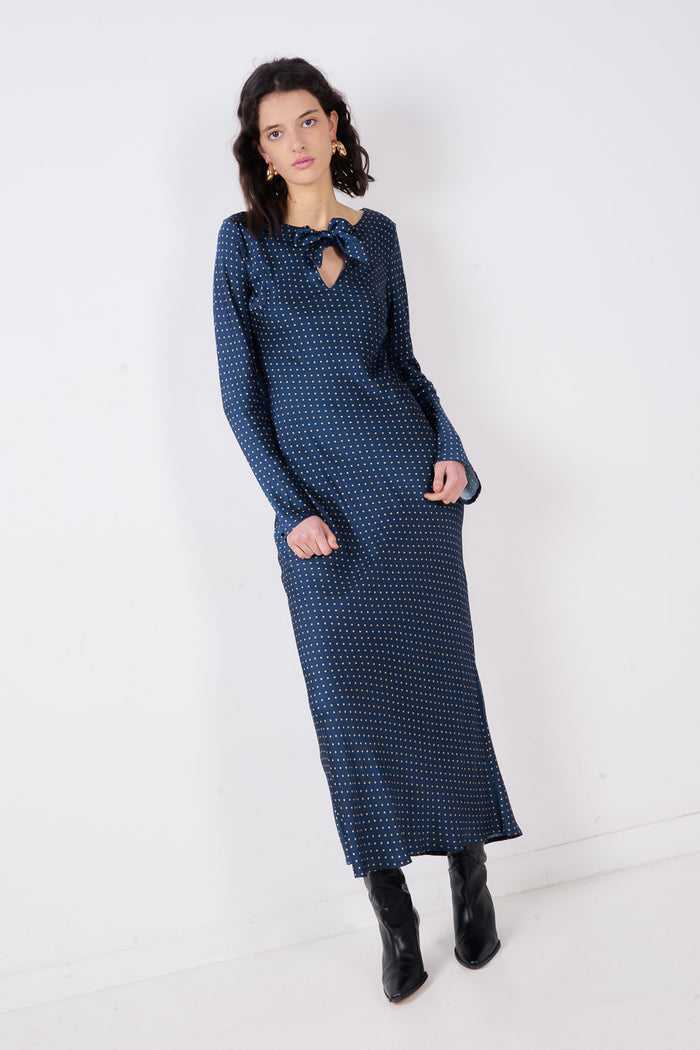 Polka dot bow neck keyhole long sleeve midi dress wholesale