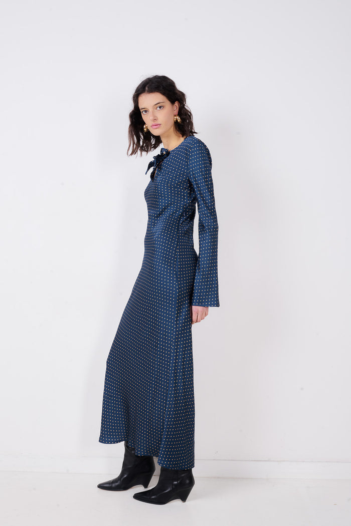 Polka dot bow neck keyhole long sleeve midi dress wholesale