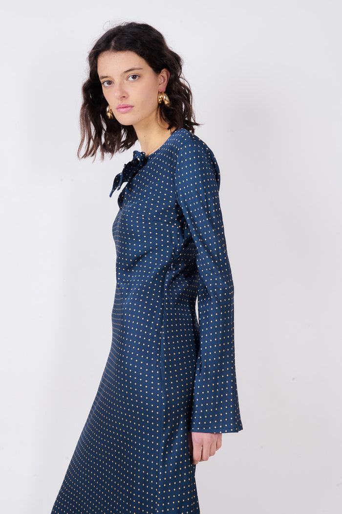Polka dot bow neck keyhole long sleeve midi dress wholesale