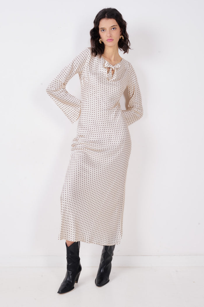 Polka dot bow neck keyhole long sleeve midi dress wholesale