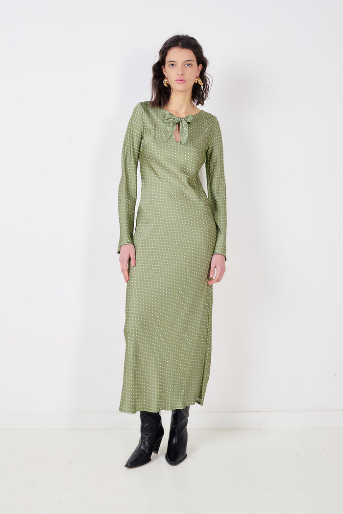 Polka dot bow neck keyhole long sleeve midi dress wholesale