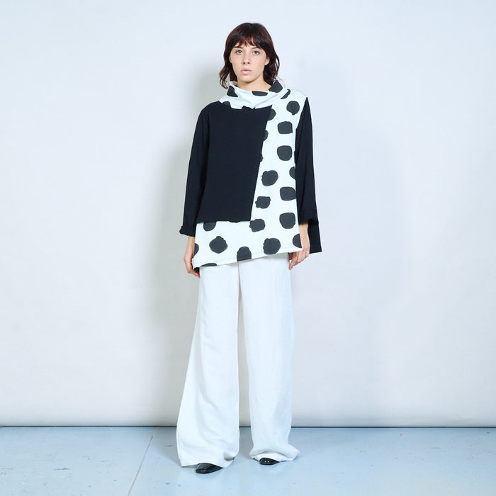 Polka dot mixed-panel cowl-neck asymmetric top wholesale