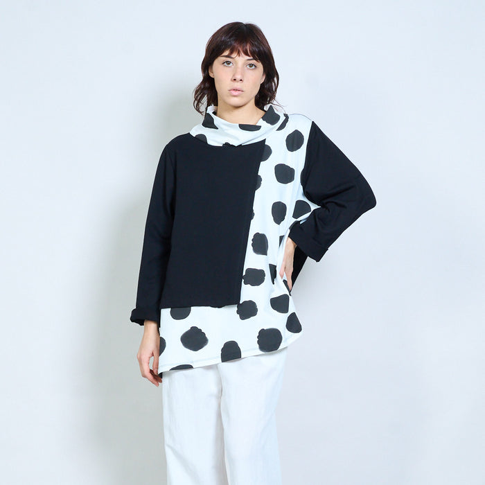 Polka dot mixed-panel cowl-neck asymmetric top wholesale