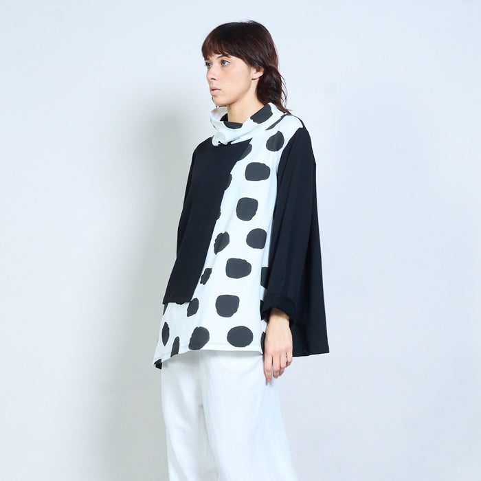 Polka dot mixed-panel cowl-neck asymmetric top wholesale
