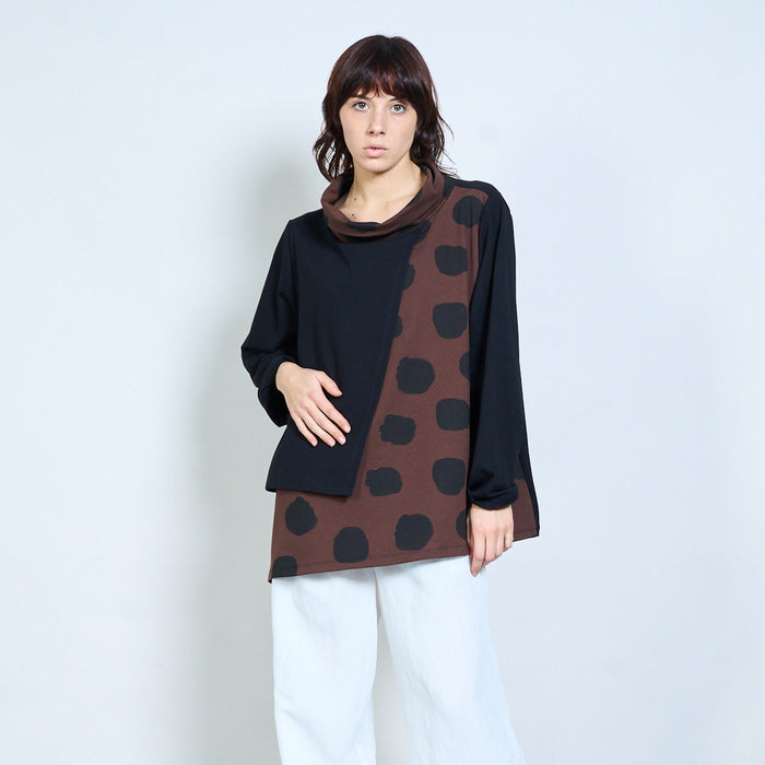 Polka dot mixed-panel cowl-neck asymmetric top wholesale