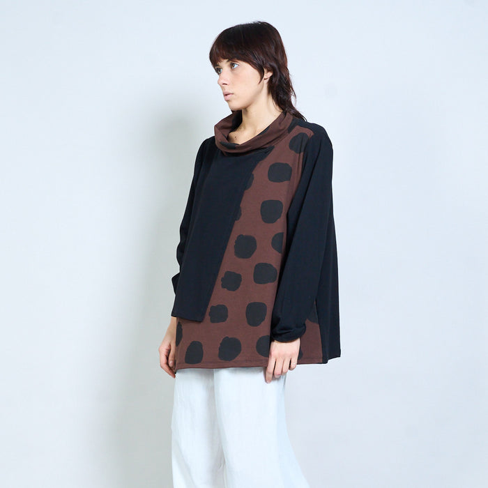 Polka dot mixed-panel cowl-neck asymmetric top wholesale