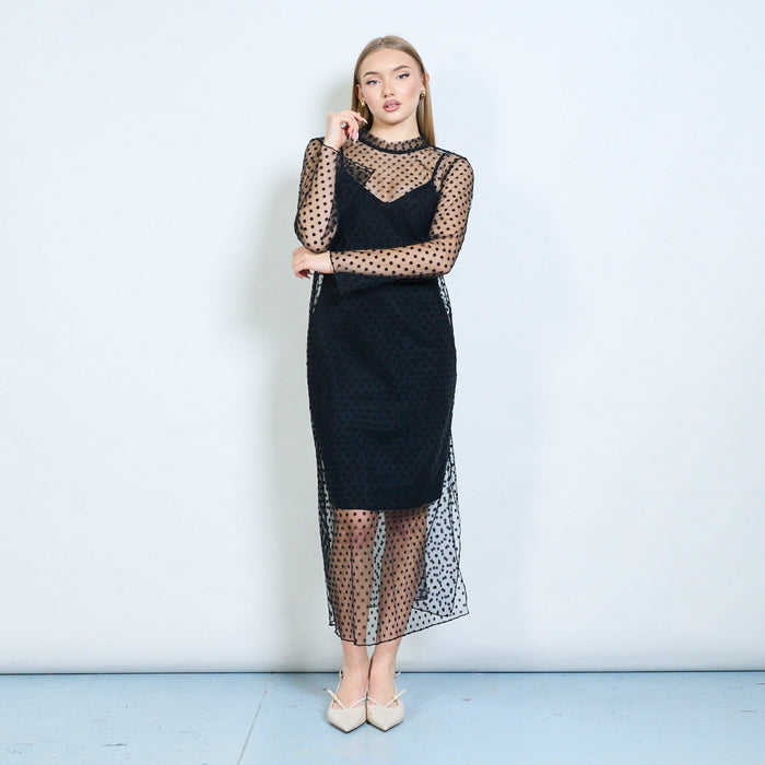 Polka dot sheer layered mesh long dress wholesale