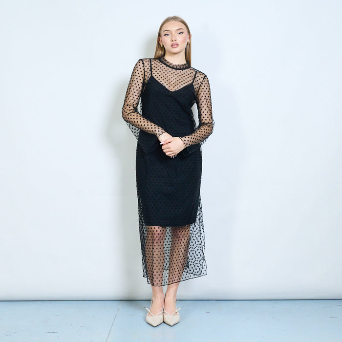 Polka dot sheer layered mesh long dress wholesale
