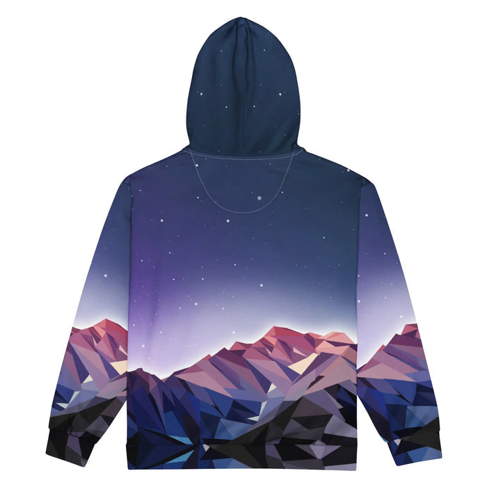 Poly Mountain Zip Hoodie - The sharp, faceted color-blocking of the mountain range (#CC6E6E) contrasting against the gradient digital twilight (#191935 to #8A7CA5).