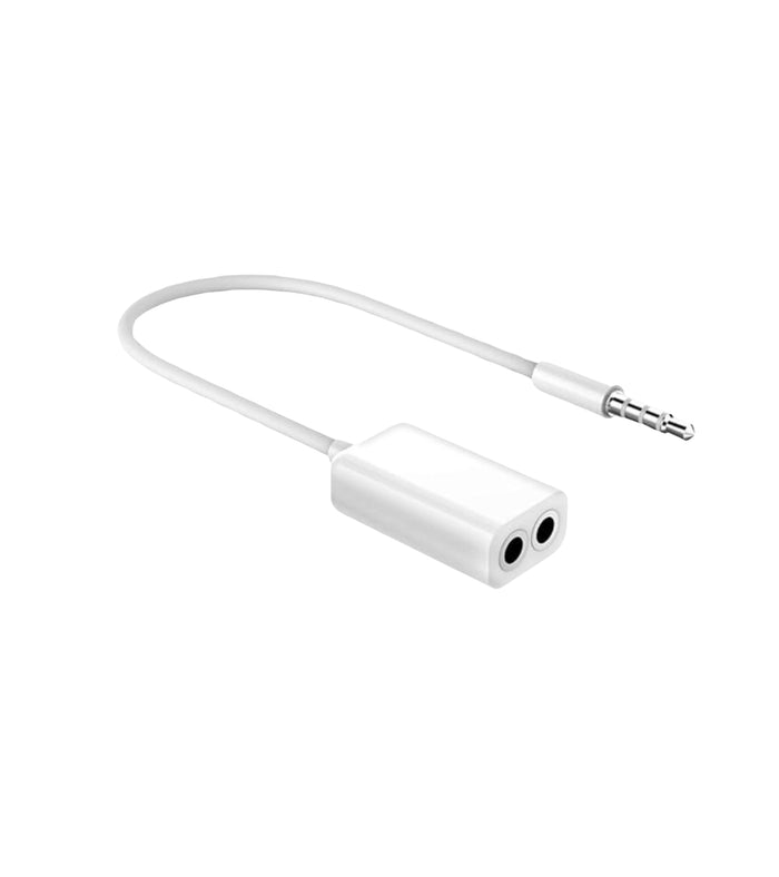 White 3.5mm audio splitter cable adapter with one male plug and two female ports