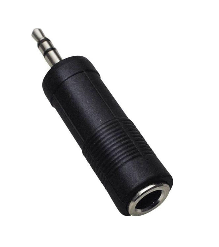 Black 6.3mm female to 3.5mm male audio adapter, compact connector body