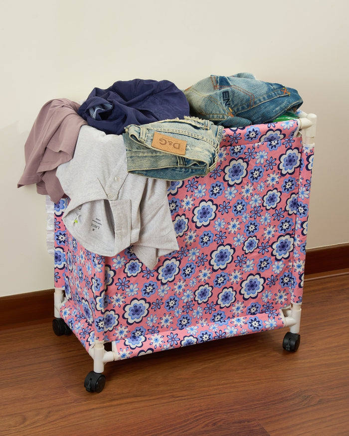 Fabric laundry hamper with lid cover, pink and blue floral, wheeled trolley basket