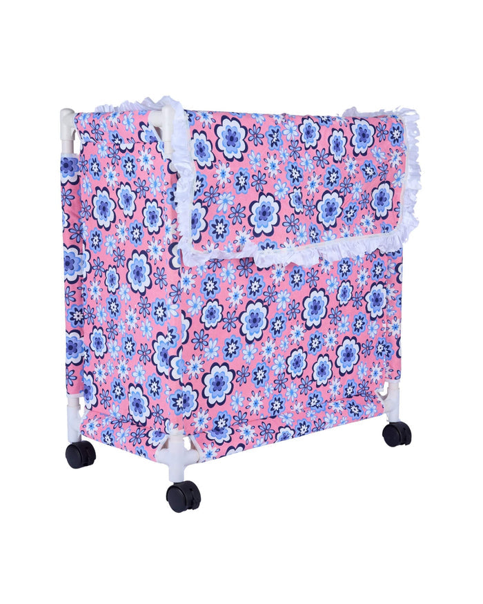 Wheeled fabric laundry hamper with lid cover, pink and blue floral, white fringe trim