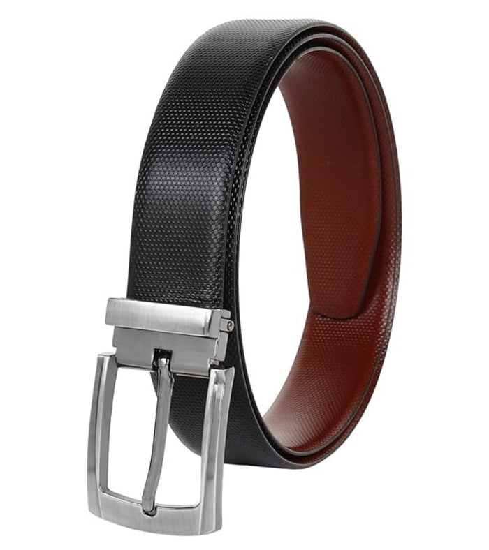 Reversible leather belt with silver buckle; black outer with brown inner lining
