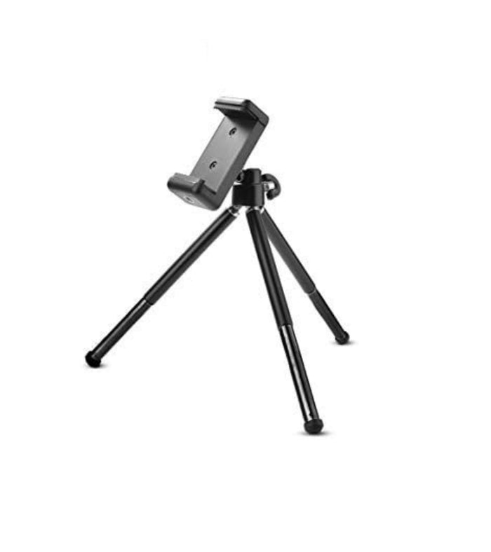Mini tripod mount phone holder clip with angled mounting plate and three legs