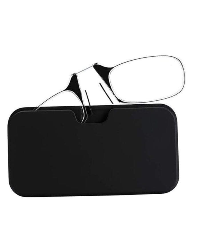Rimless nose clip reading glasses with black pinch nose pads and clear lenses
