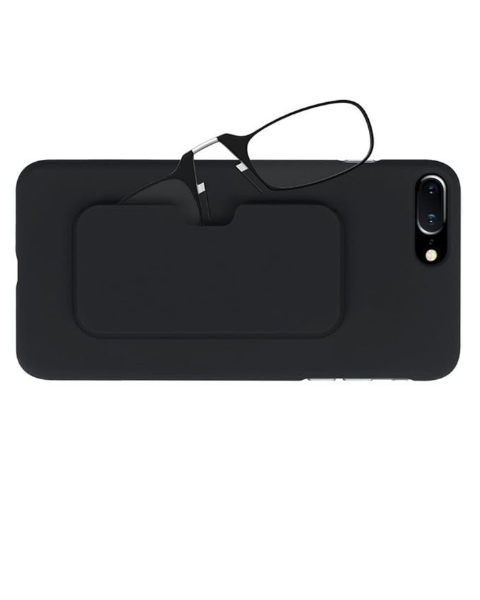 Rimless nose clip reading glasses resting on a black hard pocket case