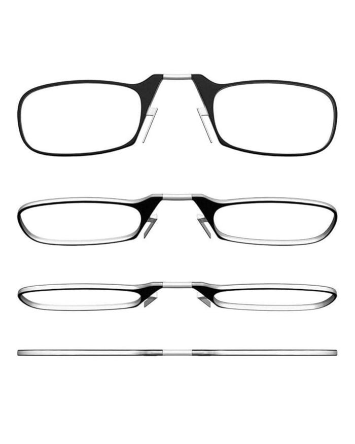 Rimless nose clip reading glasses with clear lenses and metal temple arms