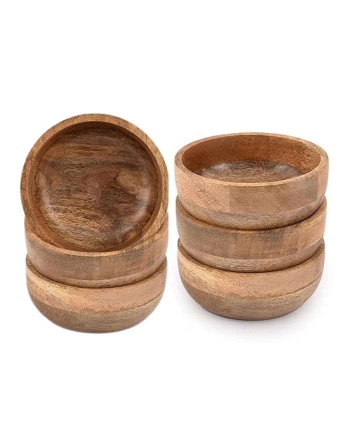 Round wooden soup bowl with natural wood grain finish, stacked pair view