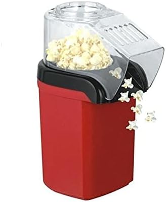 Red electric hot air popcorn maker with clear lid and black front, showing popped popcorn