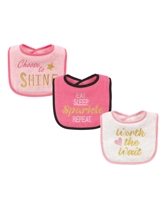 3-pack baby girl sparkle bibs with pink trim: light pink, dark pink/black, and white
