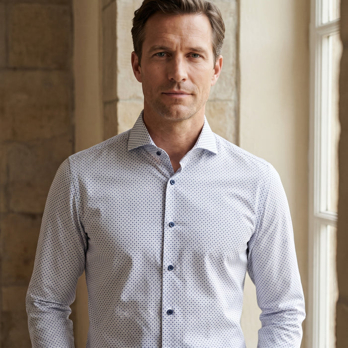 Printed Poplin Dress Shirt, worn — Emanuel Berg
