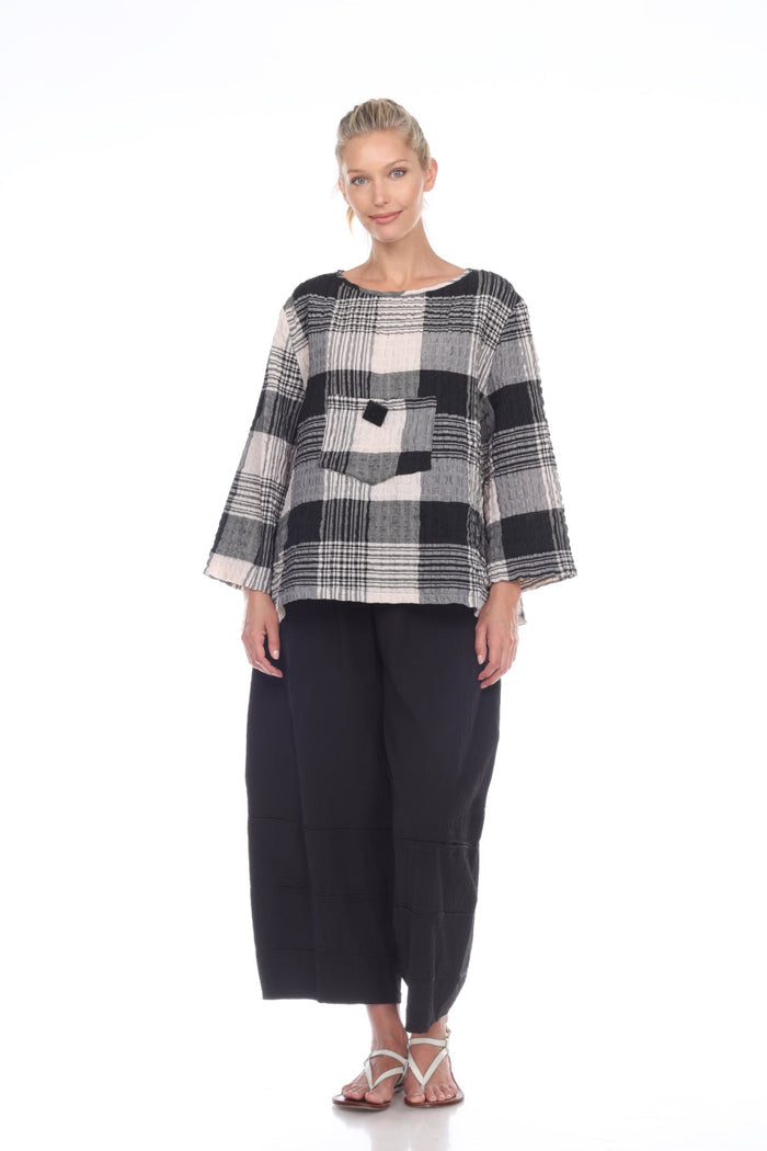 Pucker Check-Print Pocket Top in Taupe Multi - 2180