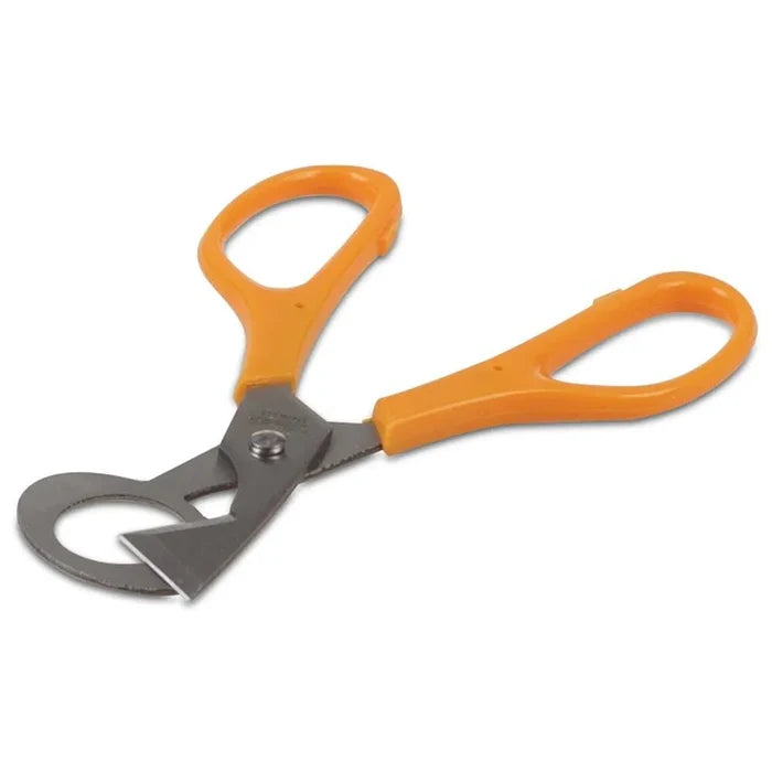 A pair of orange-handled scissors with a circular blade designed specifically for cutting quail eggs.