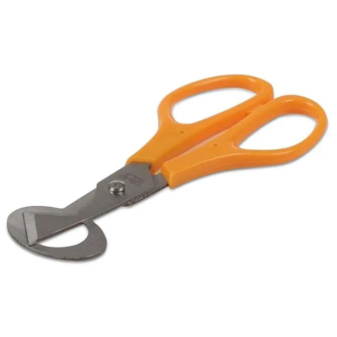 A pair of orange-handled scissors with a circular blade designed specifically for cutting quail eggs.