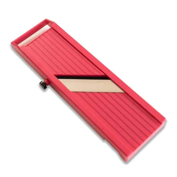 A red Quirelois Japanese Mandoline with a stainless steel blade and adjustment knob.