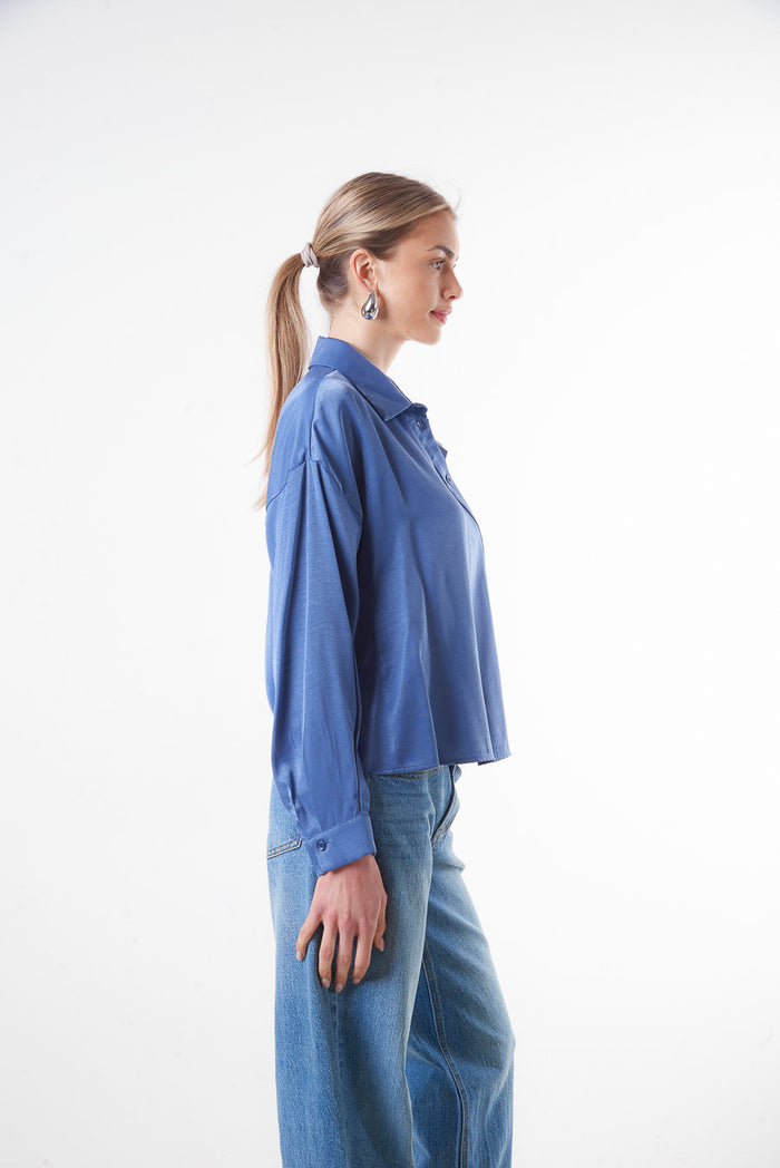 Relaxed fit satin button-up shirt blouse wholesale