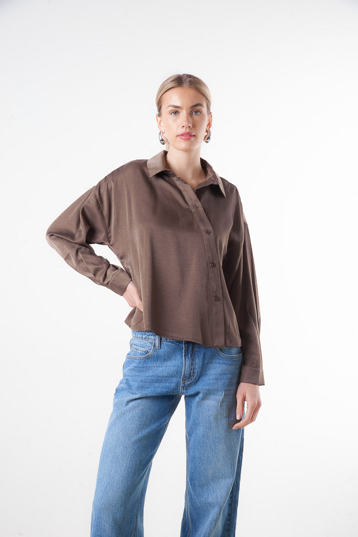 Relaxed fit satin button-up shirt blouse wholesale