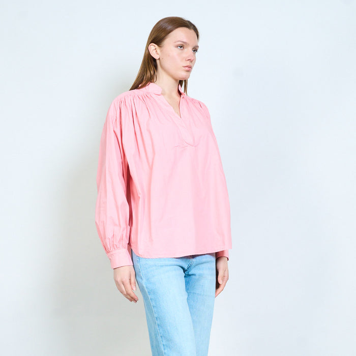 Relaxed shirt with v-neck placket and gathered shoulders wholesale