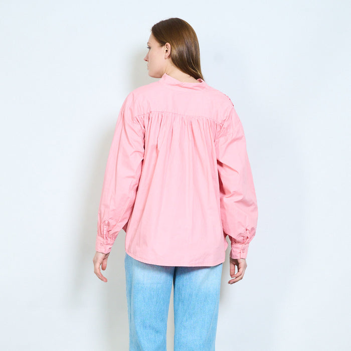 Relaxed shirt with v-neck placket and gathered shoulders wholesale